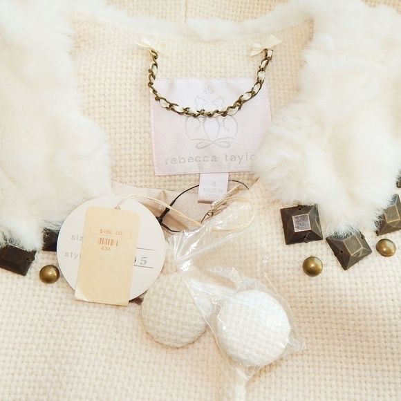 Rebecca Taylor Ivory White Fur Metal Studded Coat Jacket Vintage Style New NWT 4 - Picture 6 of 6